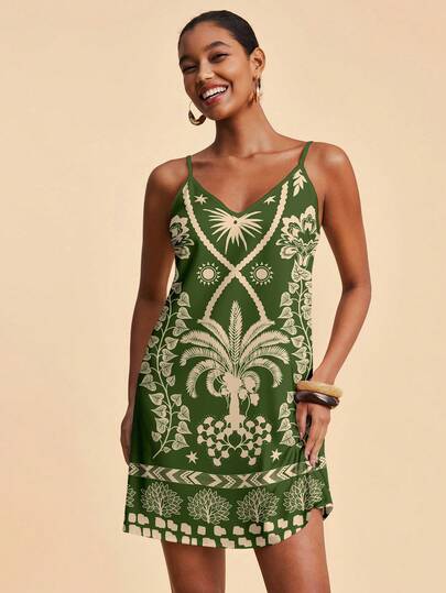 Travachic Tropical Palm Tree Floral Bird Island Green Print Women's Casual Vacation Style Spaghetti Strap Mini Dress, Spring Summer Vacation Carnival Island Girl Vintage Seaside Holiday Romantic Vacay Vibes Green Vacation Dress Green Summer Dress Women