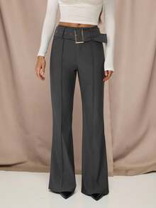 SHEIN Tall 返校季灰色弹力斜纹纯色条纹喇叭休闲裤，商务休闲女装，复古风格女装，办公室女装，旅行机场休闲裤，秋季女装知性长裤 - 灰色 - 查看 2