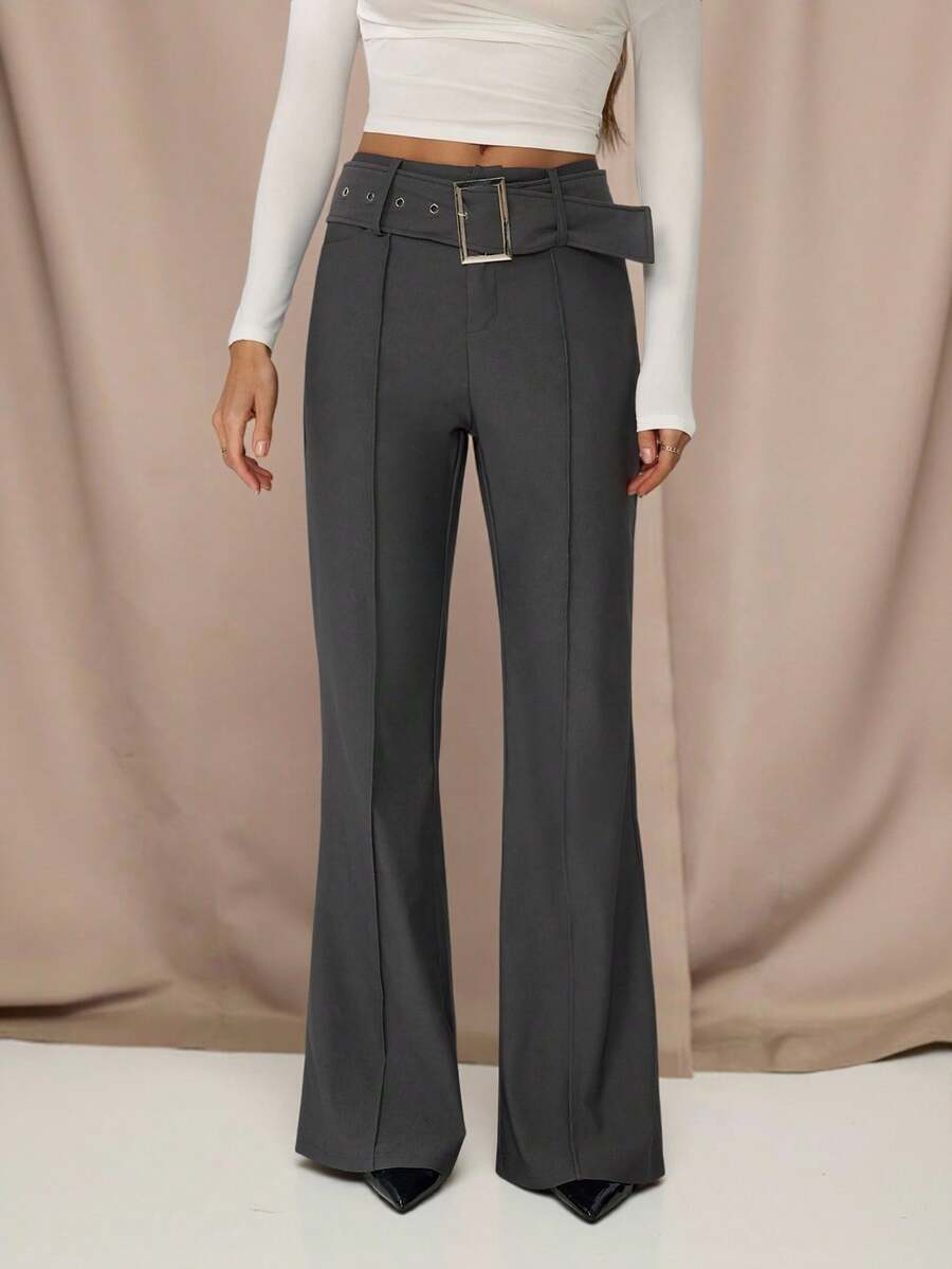 SHEIN Tall 返校季灰色弹力斜纹纯色条纹喇叭休闲裤，商务休闲女装，复古风格女装，办公室女装，旅行机场休闲裤，秋季女装知性长裤