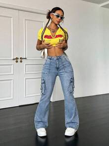 SHEIN ICON Quần jeans ống loe ôm sát, co giãn, cỡ lớn, màu xanh dương, gợi cảm. - Rửa nhẹ - Xem 4
