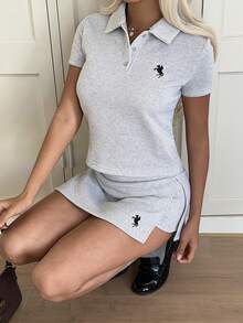 CovetEZ Women's Collared Button Half-Placket Embroidered Graphic Short Sleeve Top And Skirt Pants 2-Piece Casual Everyday Set - Grey - View 5