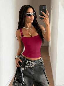 StreetHx Women's Fashionable Solid Color Metal Grommet Ruched Fitted Camisole - Burgundy - View 4
