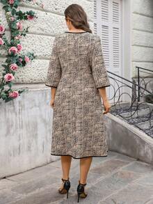 Miaspire 大码女式优雅休闲撞色滚边七分袖中长连衣裙，秋冬款 - 彩色 - 查看 3