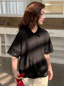 Dazy Kids Tween Girl Contrast Lace Short Sleeve Single-Breasted Casual Shirt - Black - View 5