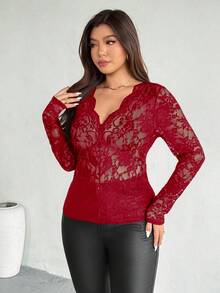 Firerie Top elegant casual mărimă mare, cu dantelă, decolteu în V, mânecă lungă, elastic, versatil pentru purtare zilnică și vacanță, primăvară/toamnă - roșu - Vizualizare 3