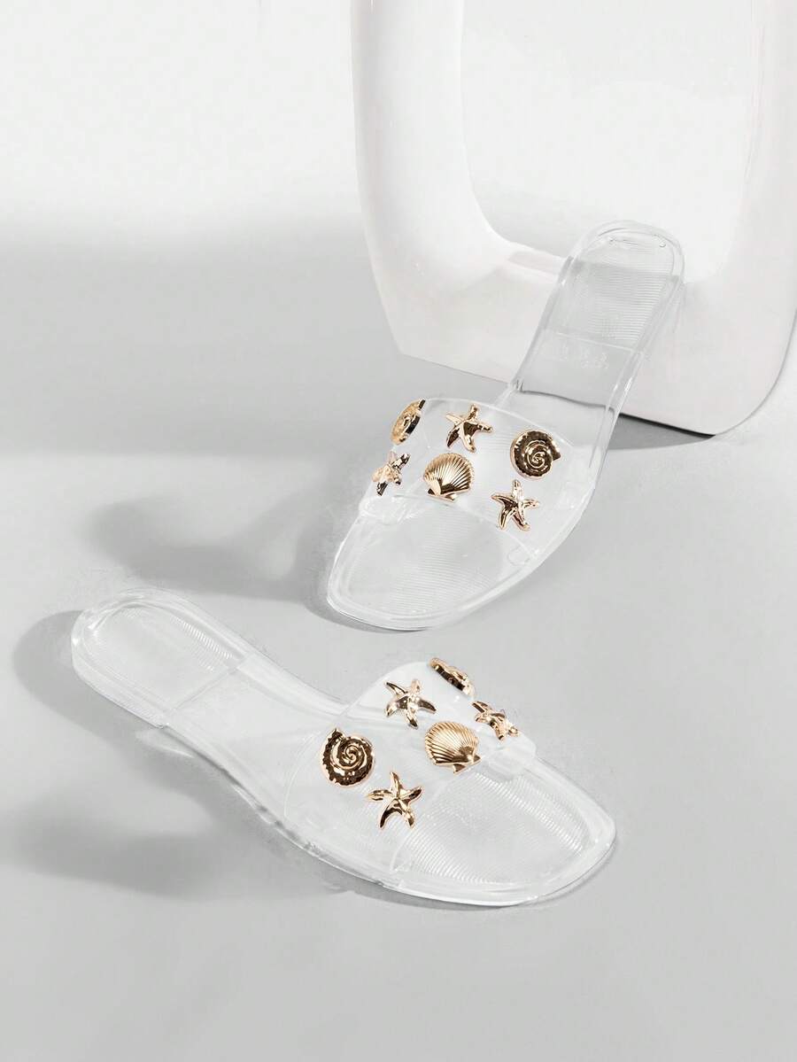Solezae Sandalias planas de gelatina con adorno de concha marina y estrella de mar, de punta cuadrada para mujer - transparente - Ver 1