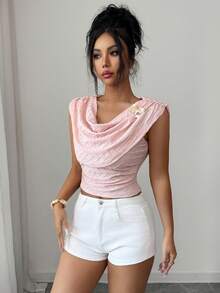 Elenzga Lightweight Draped Neck Sleeveless Ruched Tie Waist Knit Top With Textured Jacquard Pattern, Elegant & Sexy For Vacation, Stretchy Rose Top 2 Piece Short Sets Woman Pink Crop Top Women Women 2 Piece Sets Summer Baby Pink Top - Pink - View 4