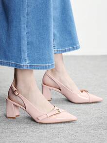 CUCCOO BIZCHIC New Pointed Toe Chunky Heel Pumps For Women, Bowknot Color Block Rivets Closed Toe Fashion High Heels Spring Shoes Spring Break Easter For Christmas Spring Shoes - Light pink. - View 4