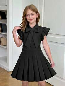 SHEIN Áo kiểu nữ tuổi teen, màu trơn, chất liệu dệt kim, viền bèo nhún, trang trí nơ lớn, kiểu dáng thanh lịch, phong cách nghỉ mát Pháp, thích hợp cho mùa tựu trường. - màu đen - Xem 3