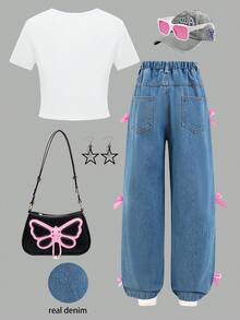 SHEIN ChillGRL 两件套女童休闲套装 - 蝴蝶结装饰T恤和牛仔裤 - 彩色 - 查看 2