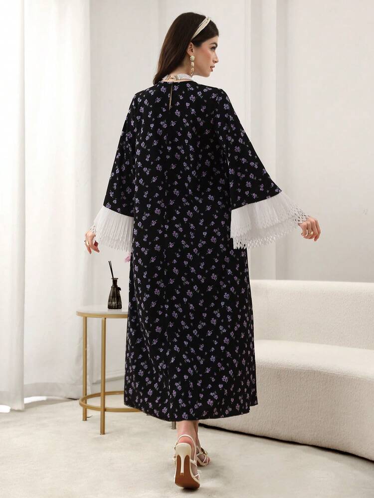 Yasmyna Women's Black Woven Floral Print Long Sleeve Ruffle Collar Elegant Arabic Dress, Spring/Summer - Black - View 2