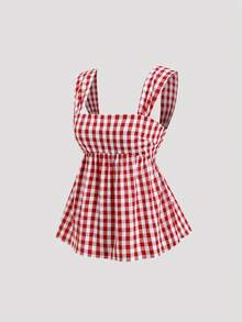 Sweetra 女士假日装，适合万圣节、圣诞节、感恩节、新年派对、通勤、日常、旅行、度假等场合。红色不对称宽肩带A字型上衣，后背蝴蝶结系带，镂空设计，搭配红白格子衬衫。 - 紅白色 - 查看 1