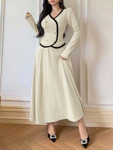 DAZY Women's Casual Colorblock V-Neck Top And A-Line Skirt 2 Pieces Set, Spring, Wedding Guest Dress Women - Beige - View 4