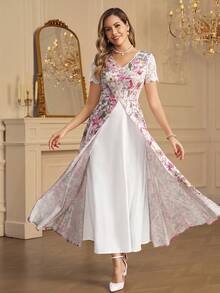 Amorya 女士优雅浪漫黑色花卉印花层叠蕾丝边长连衣裙，超长裙摆 - 彩色 - 查看 6