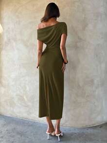 Aloruh Women's Commuting, Casual, Office Ruched Bodycon Mid-Length Dress, Spring/Summer - Army Green - View 2