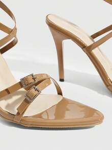 CUCCOO SZL 女士时尚尖头细高跟杏色细带钻石扣带高跟凉鞋性感派对宴会夜店女凉鞋 - 杏色鑽扣 - 查看 6