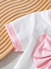 Bộ 2 món áo ngắn tay và quần short cho bé gái, áo thun hồng có nơ phối với quần short viền tương phản, họa tiết thêu, trang phục mùa hè ngọt ngào và thoải mái. - Hồng - Xem 4