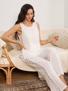 SHEIN Fashionable White Soft Fabric Lace Patchwork Casual Loungewear Pajama Set - White - View 7
