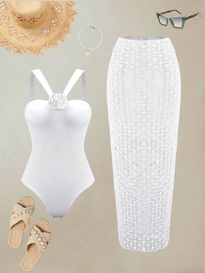 Swim Oasis Women's Elegant White 3D Floral Halter One-Piece Swimsuit And Sarong Skirt Set, Suitable For Beach Vacation, Spring/Summer,2026 New Women's Swimwear ArrivalFor School,Suitable For Holiday, Date, Afternoon Tea, Western, Cruise, Beach, Island, Road Trip, All Seasons, Music Festival, Boho Vacation,Bohemian Vacation, Chill Autumn ,Western Boho ,Elegant Tops For Women