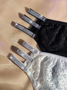 2pcs Women's Shiny Ribbon Hollow Lace Trim Thong Panties Set, Lingerie For Women,Sexy,Valentine's Day,Wedding - Black and White - View 3