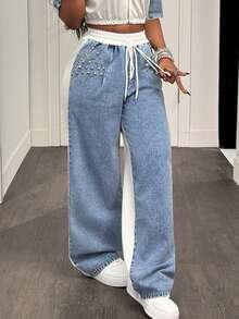 Slaydiva 女士休闲日常铆钉细节撞色抽绳腰牛仔裤 - 彩色 - 查看 4