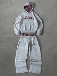 PAVTROS 男士豹纹字母印花连帽衫和运动裤休闲套装，情人节、春夏、送给男友的礼物、狂欢节、复古、街头风、派对、圣帕特里克节、外出 - 灰色 - 查看 3