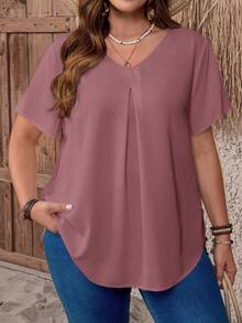EMERY ROSE Plus Size V-Neck Ruched Summer Short Sleeve Casual Solidy Top,Country Casual Vacation,Simple And Fashionable For Everyday Wear - Pink - View 4