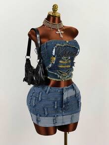 Mistrie 女士字母刺绣毛边修身牛仔抹胸上衣 - 藍色 - 查看 5