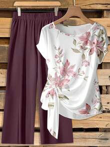 EMERY ROSE Women's Tie Bow Blouse And Loose Straight Leg Pants 2 Pieces Set - Multicolor - View 5