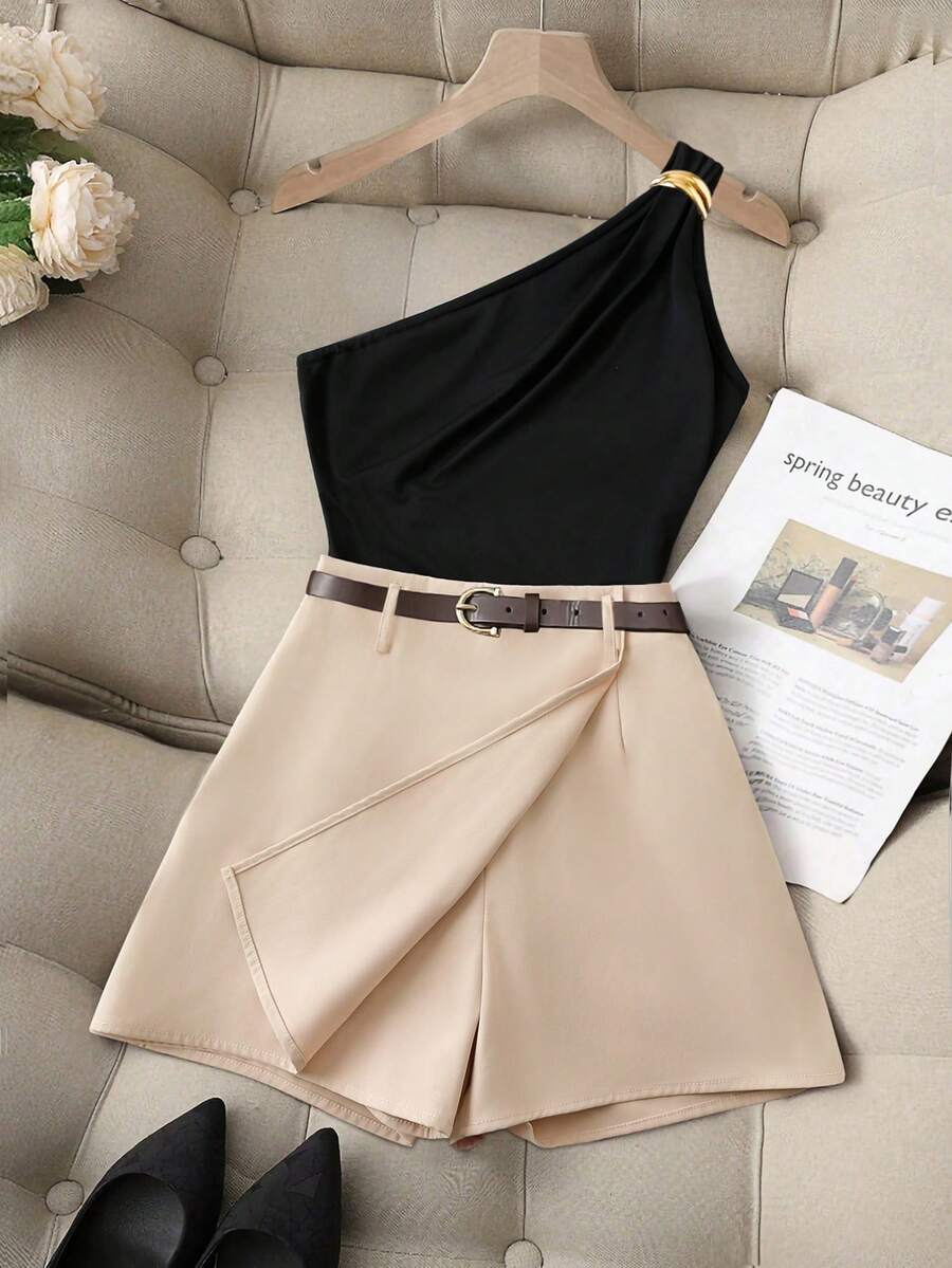 SHEIN Franclia Women's Elegant Commuter Classic Sleeveless Metal Black Vest And 2 In 1 Skirt Pants Set, Spring/Summer Belt Skirt Two Piece Set Women Elegant Women Summer 2 Pieces Sets Classy Two Piece Outfit Short Skirt Set - Multicolor - View 1