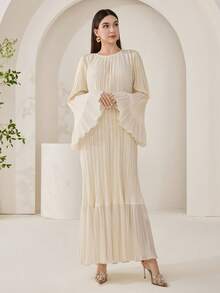 Veilorie Women's Elegant Minimalist Solid Color Textured Flare Sleeve Arabic Style Dress, Autumn - Apricot - View 7