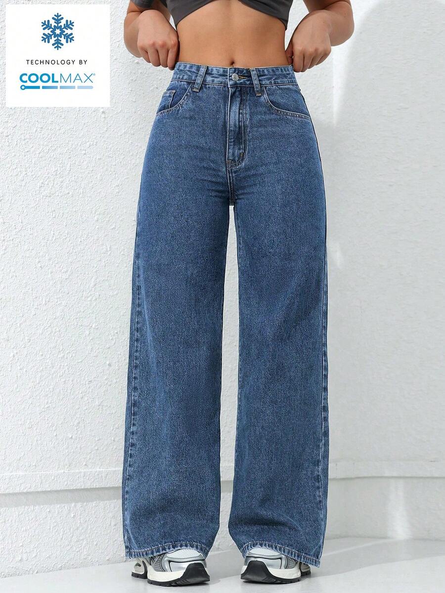 SHEIN ICON Quần jeans ống rộng màu trơn, cạp xéo, kiểu dáng thường ngày, đa năng. - Màu xanh lam - Xem 1