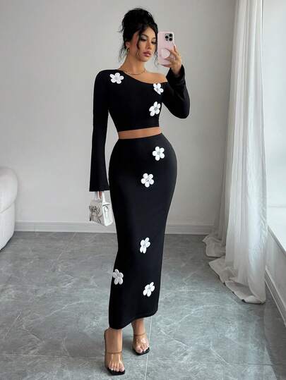 Rafferiza 女士花卉装饰不对称肩部喇叭袖上衣和半裙两件套，时尚百搭，适合约会和外出穿着