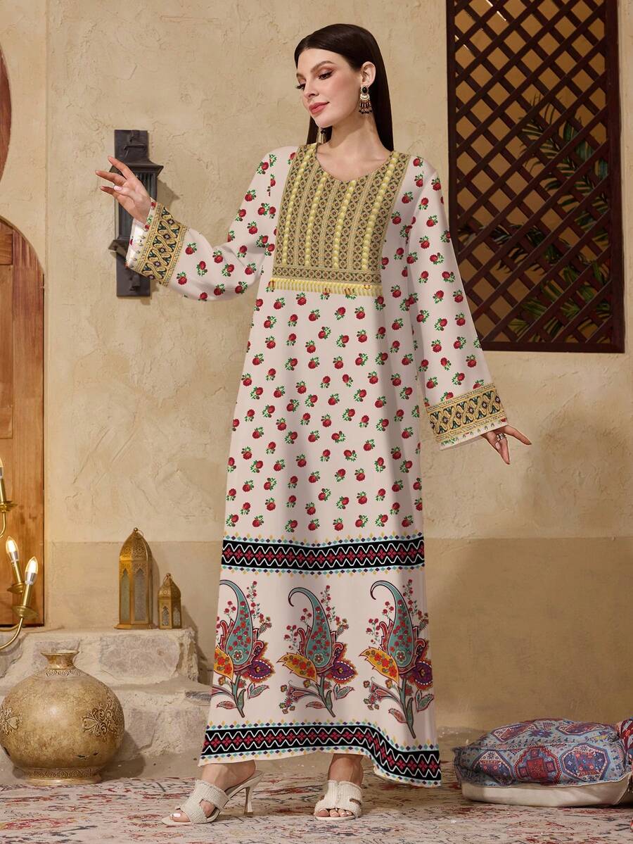 Al Najma 印花领端庄阿拉伯风格连衣裙 - 彩色 - 查看 1