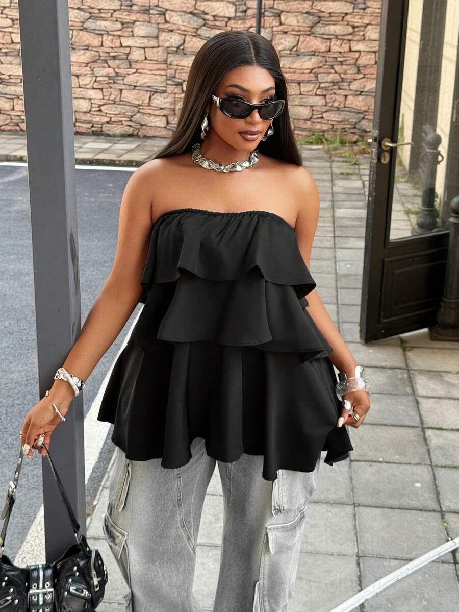 Maweii Plus Size Women Solid Color Multi-Layer Ruffle Hem Wrap Crop Top - Black - View 1