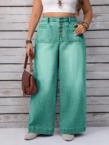 EMERY ROSE Plus Size Women Loose Casual Denim Wide Leg Jeans With Button Front Pockets - Green - View 3