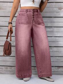 EMERY ROSE Plus Size Women Casual Vacation Daily Commute Fashion Street Button Fly Washed Loose Wide Leg Jeans - Dusty Pink - View 7