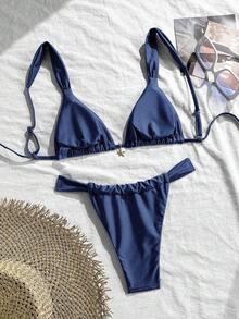 Swim Mod Bộ đồ bơi 2 mảnh, màu trơn, dây đeo dày, họa tiết sao biển, áo ngực tam giác và quần lọt khe, đồ bơi mùa hè gợi cảm cho nữ, bộ bikini màu xanh navy, bộ bikini đi nghỉ mát, bộ bikini kín đáo, bộ bikini siêu nhỏ, bộ bikini màu trơn, đồ bơi hai mảnh. - Màu xanh bụi bặm - Xem 2