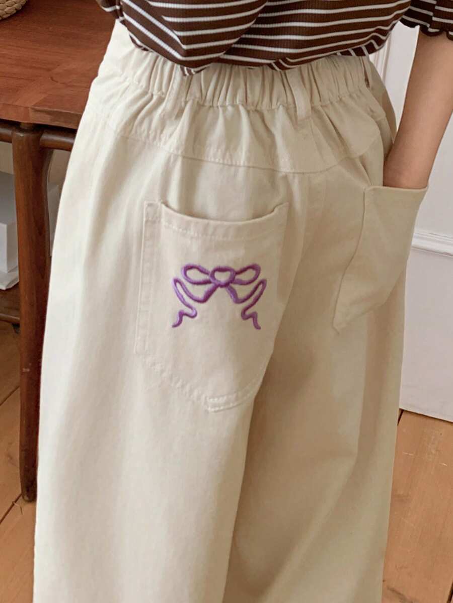 DAZY 女童蝴蝶结刺绣牛仔裤 - 杏色 - 查看 1