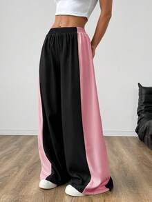 Muchica Quần nữ dệt phối màu tương phản, cạp chun, ống rộng, dáng suông, thoải mái - Nhiều màu - Xem 4