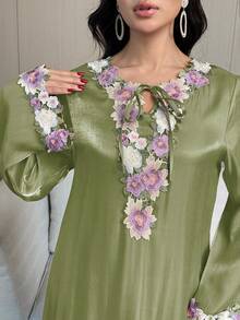 Yasmyna 女士优雅印花系带露肩荷叶袖宽松连衣裙，度假风，春秋季 - 綠色 - 查看 7