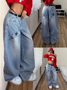 StreetHx 女士时尚休闲街头风星形印花阔腿牛仔裤 - 淺色水洗藍 - 查看 7