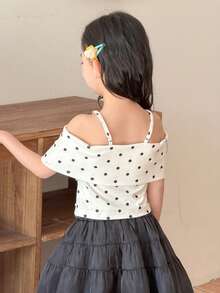 DAZY 女童夏季休闲度假波点印花翻领露肩褶皱修身T恤 - 米色 - 查看 2