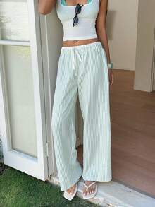 Sunnyshic Women's Light Green Striped Low Waist Drawstring Loose Fit Splice Pants, Sweet European And American Beach Vacation Style, Summer - Green - View 6