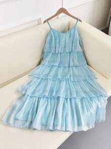 GlowEve Women's V-Neck Layered Ruffle Mesh Dress - Blue - View 6