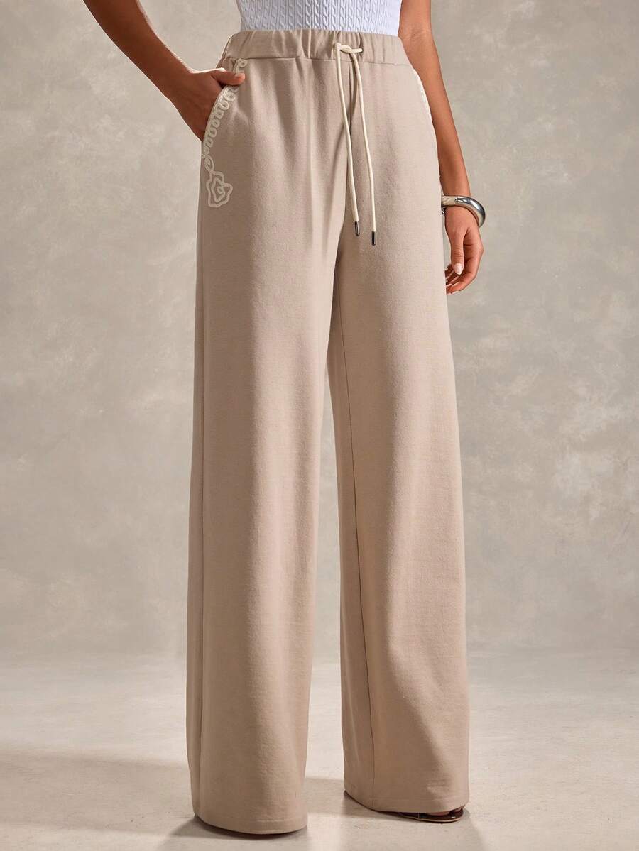 EURMUSE Women Solid Color Embroidery Detailed Wide Leg Sweatpants - Beige - View 1