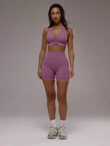 Musera Sport 2件装挂脖式褶皱前片运动文胸多件装，适合运动健身、健身房、普拉提、日常休闲穿着，烟晶色 - 彩色 - 查看 6