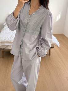 DAZY 优雅刺绣面料拼接荷叶边女士睡衣套装 - 霧霾藍 - 查看 12