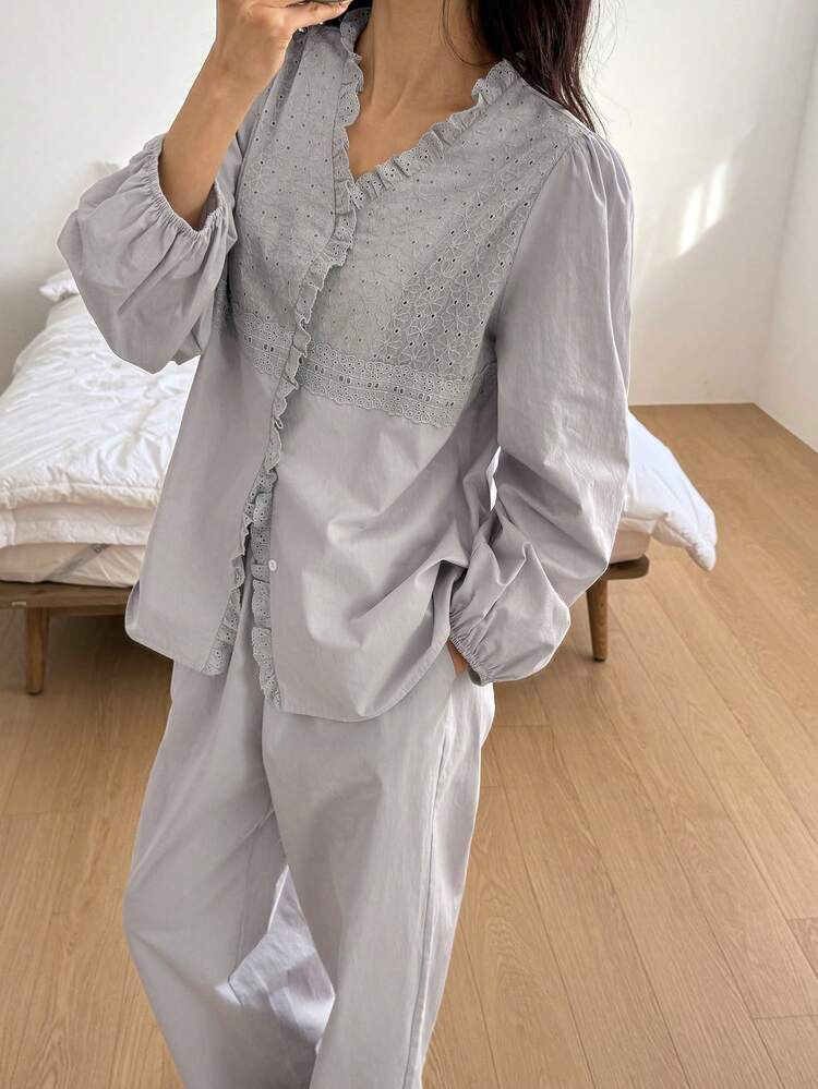 Elegant Embroidered Fabric Patchwork Frill Trim Women Pajama Set