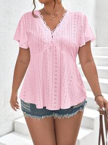 SHEIN Frenchy Plus Ruffle Trim Contrast Lace Butterfly Sleeve Doll Tee - Dusty Pink - View 4